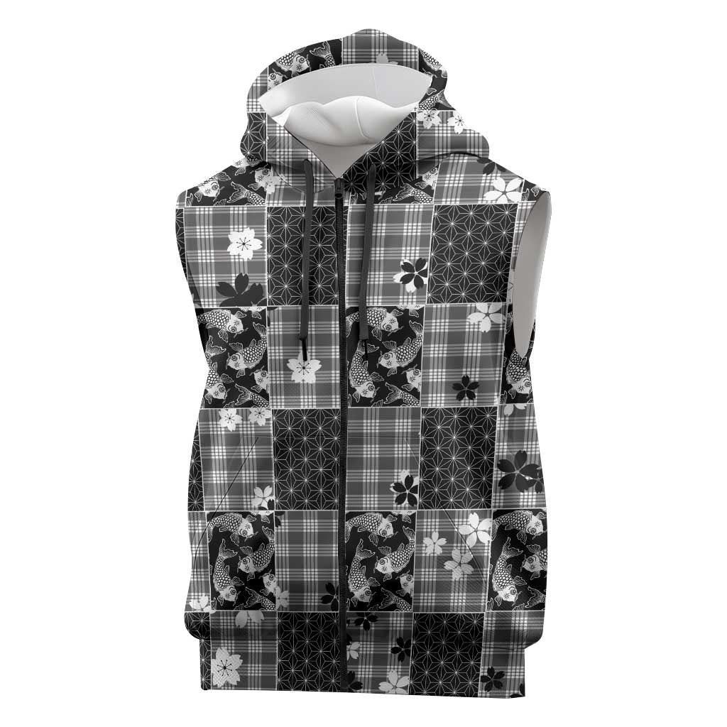 Black Palaka Japanese Patterns Sleeveless Zip Hoodie Koi Fish Asanoha Sakura Patchwork Stylized LT14 Black - Polynesian Pride