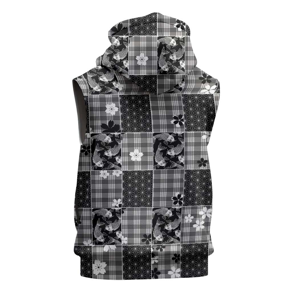 Black Palaka Japanese Patterns Sleeveless Zip Hoodie Koi Fish Asanoha Sakura Patchwork Stylized LT14 - Polynesian Pride