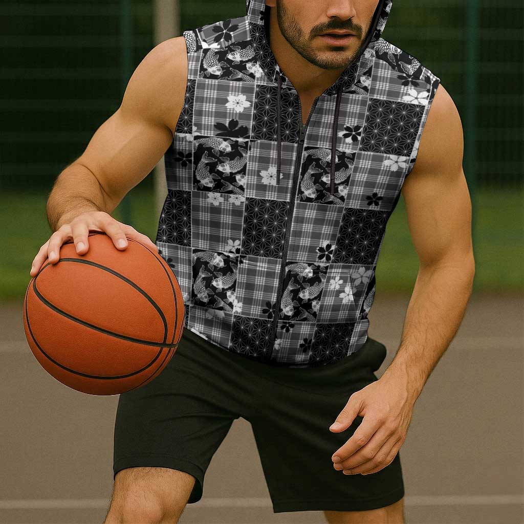 Black Palaka Japanese Patterns Sleeveless Zip Hoodie Koi Fish Asanoha Sakura Patchwork Stylized LT14 - Polynesian Pride