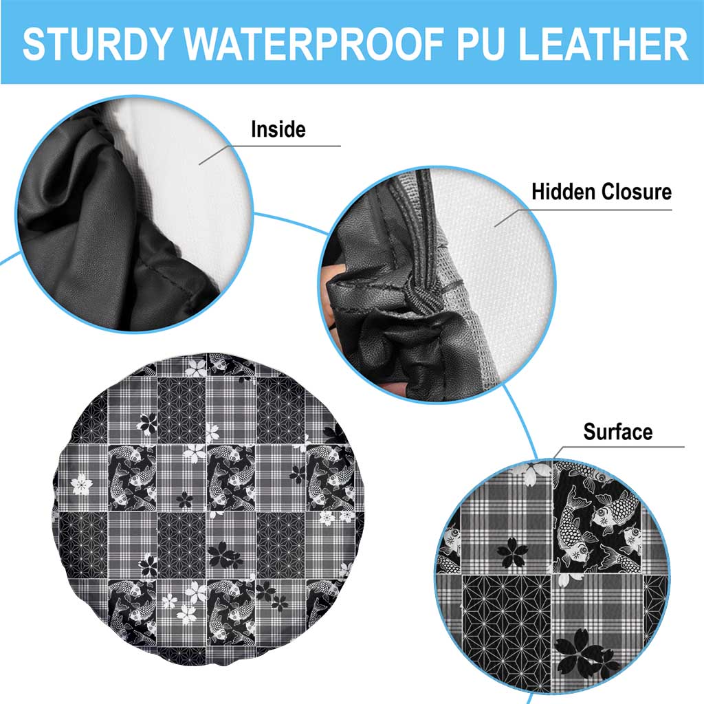Black Palaka Japanese Patterns Spare Tire Cover Koi Fish Asanoha Sakura Patchwork Stylized - Polynesian Pride