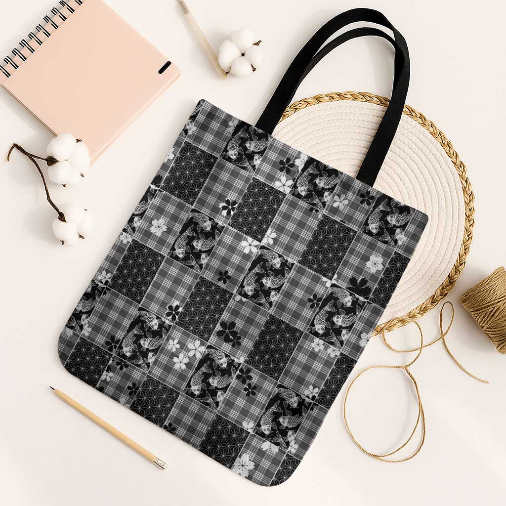 Black Palaka Japanese Patterns Tote Bag Koi Fish Asanoha Sakura Patchwork Stylized - Polynesian Pride