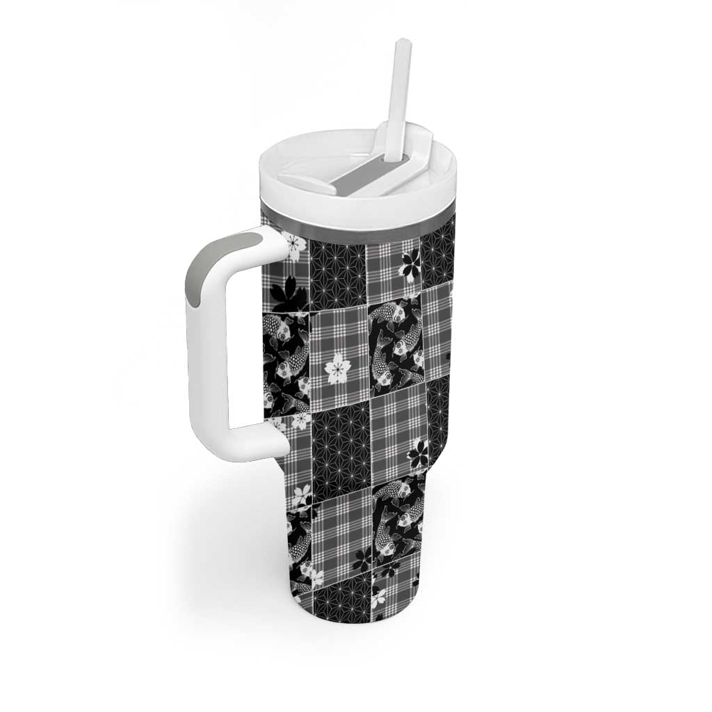 Black Palaka Japanese Patterns Tumbler With Handle Koi Fish Asanoha Sakura Patchwork Stylized - Polynesian Pride