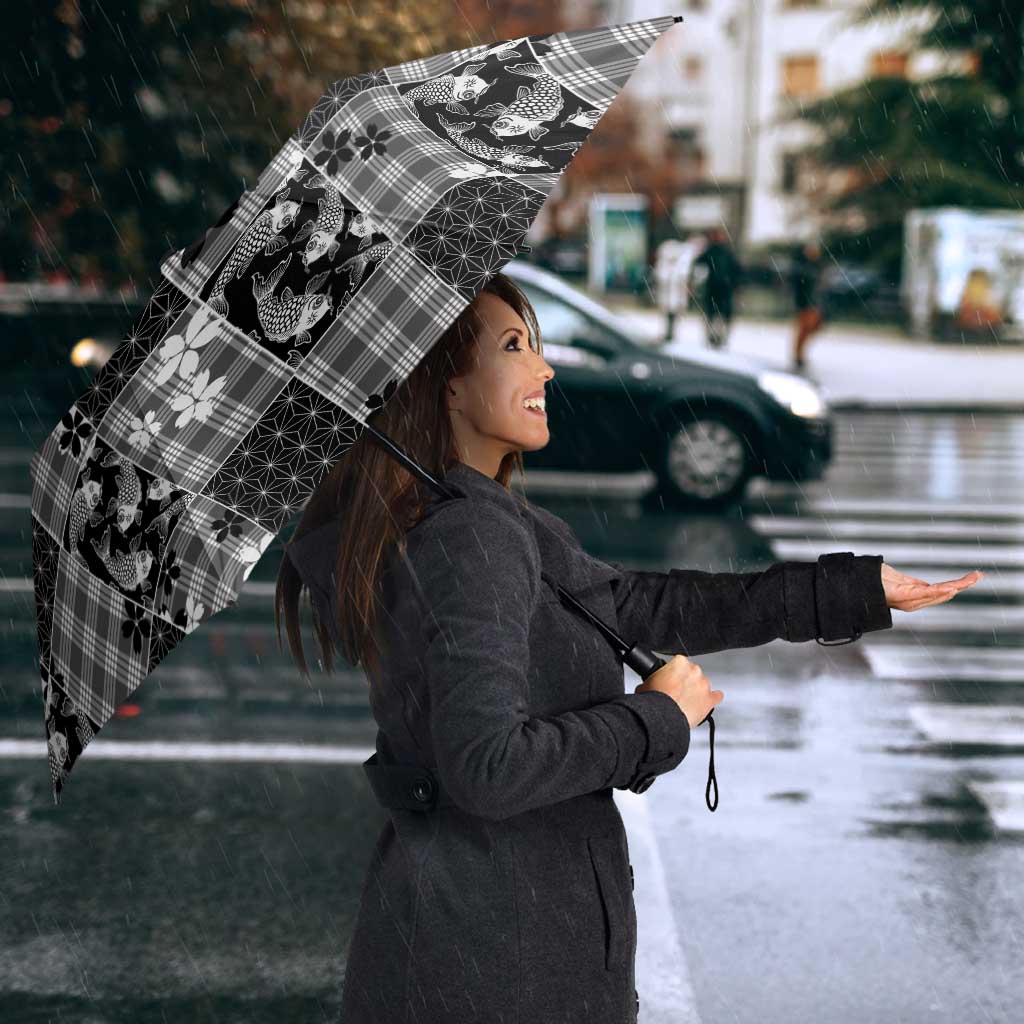 Black Palaka Japanese Patterns Umbrella Koi Fish Asanoha Sakura Patchwork Stylized - Polynesian Pride