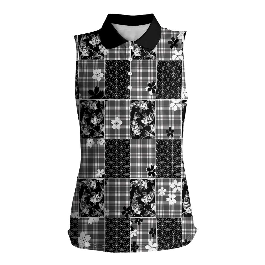 Black Palaka Japanese Patterns Women Sleeveless Polo Shirt Koi Fish Asanoha Sakura Patchwork Stylized LT14 Female Black - Polynesian Pride