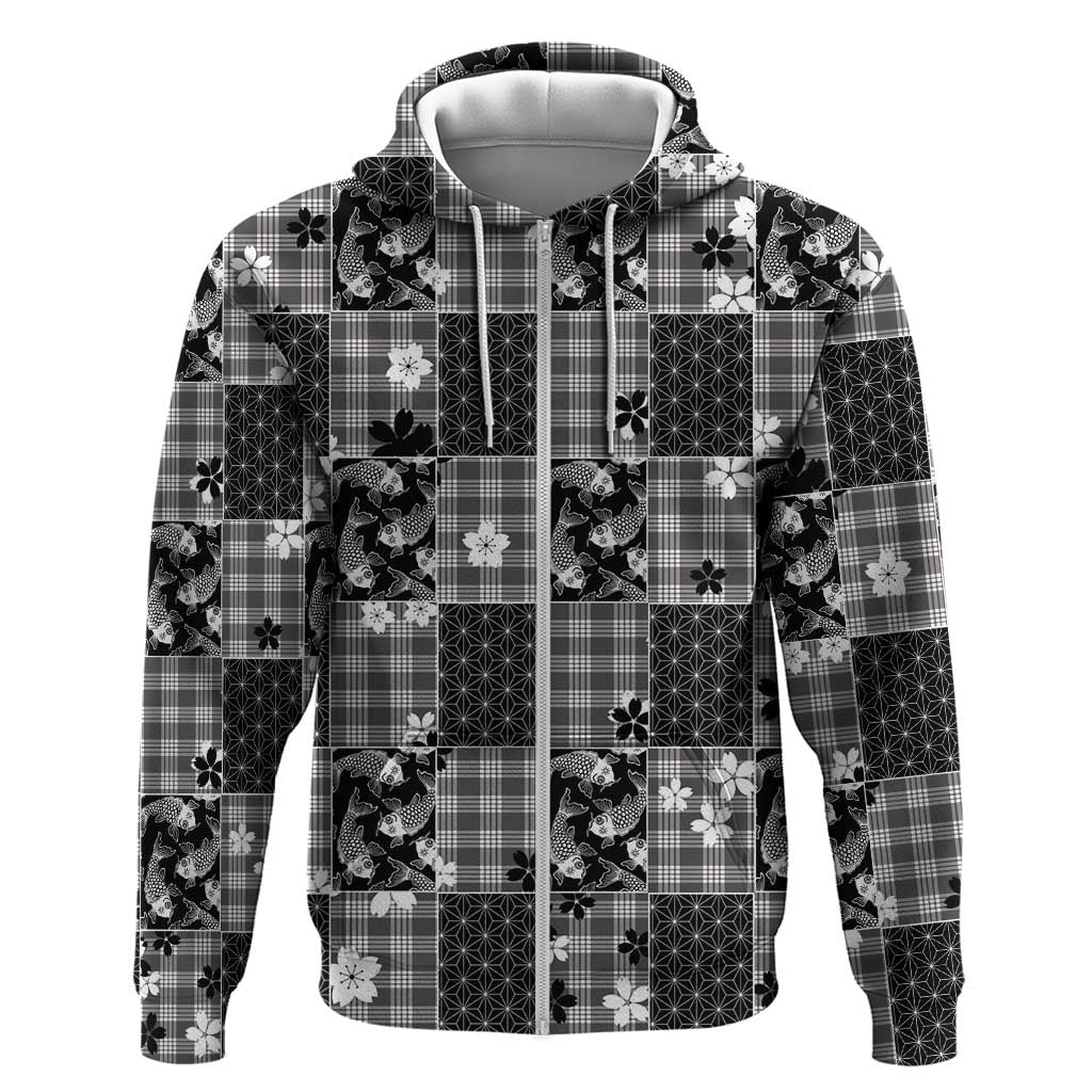 Black Palaka Japanese Patterns Zip Hoodie Koi Fish Asanoha Sakura Patchwork Stylized LT14 Zip Hoodie Black - Polynesian Pride