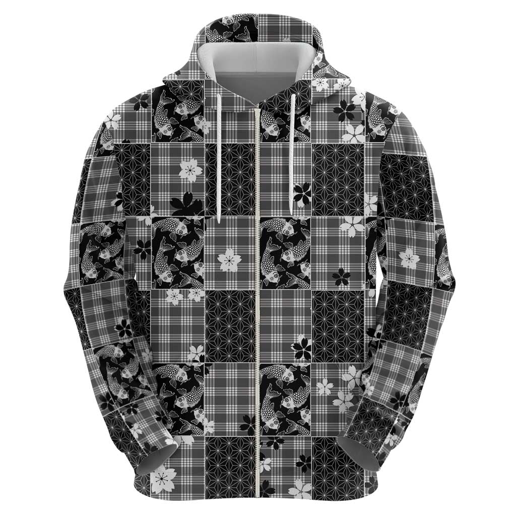 Black Palaka Japanese Patterns Zip Hoodie Koi Fish Asanoha Sakura Patchwork Stylized LT14 - Polynesian Pride