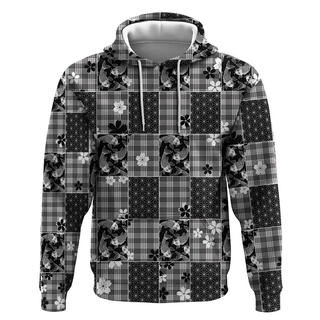 Black Palaka Japanese Patterns Zip Hoodie Koi Fish Asanoha Sakura Patchwork Stylized LT14 Pullover Hoodie Black - Polynesian Pride