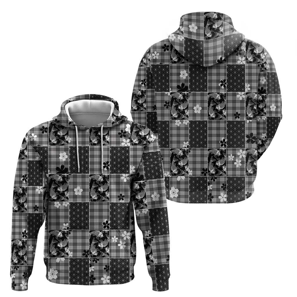 Black Palaka Japanese Patterns Zip Hoodie Koi Fish Asanoha Sakura Patchwork Stylized LT14 - Polynesian Pride