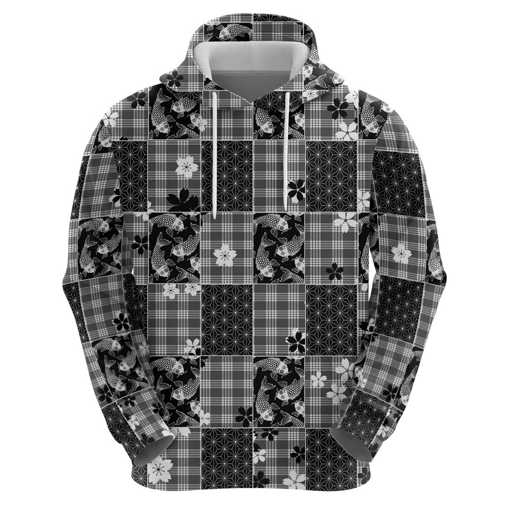 Black Palaka Japanese Patterns Zip Hoodie Koi Fish Asanoha Sakura Patchwork Stylized LT14 - Polynesian Pride