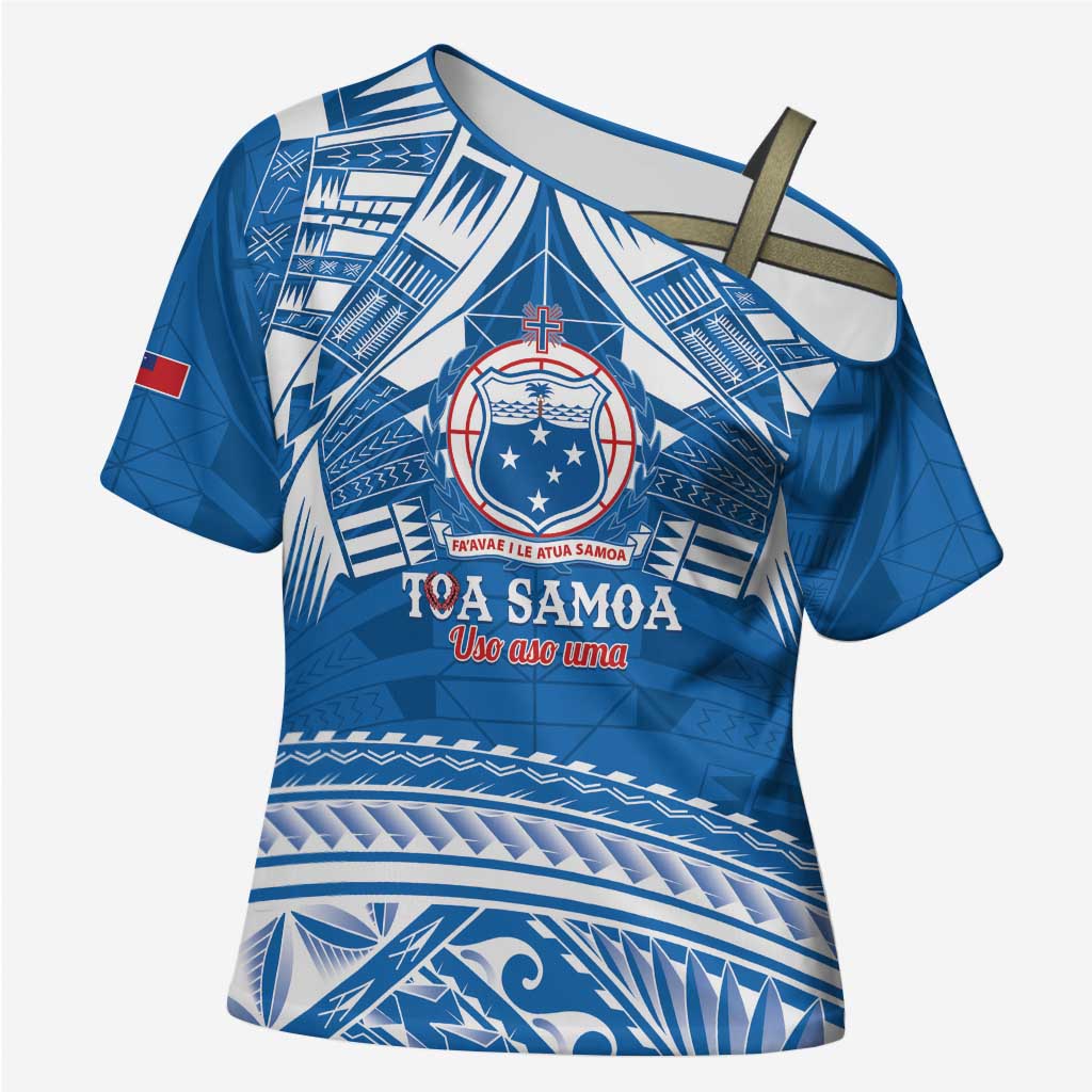 Toa Samoa Rugby Custom Cross Shoulder Shirt Uso aso uma Samoan Pattern Blue - Polynesian Pride