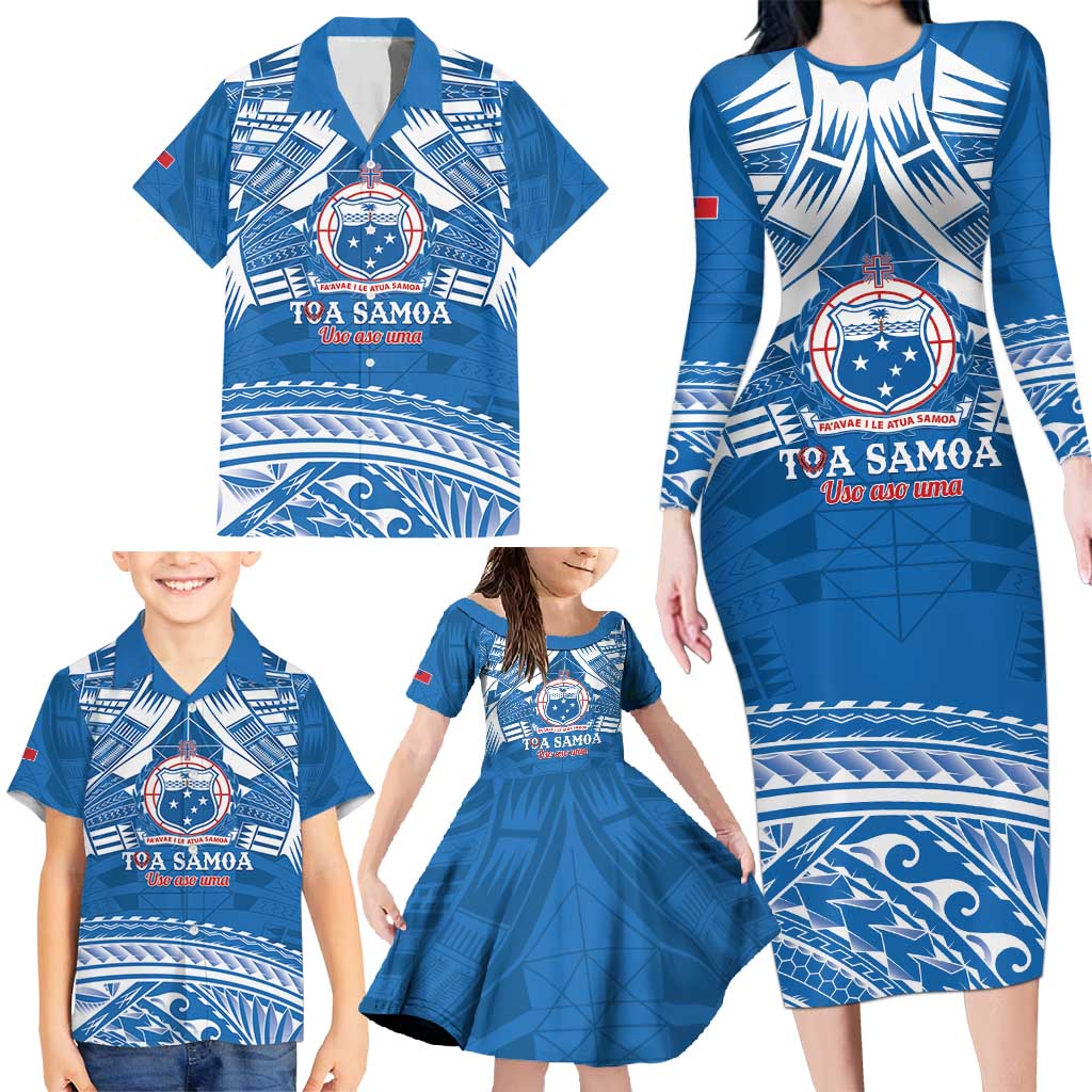 Toa Samoa Rugby Custom Family Matching Long Sleeve Bodycon Dress and Hawaiian Shirt Uso aso uma Samoan Pattern Blue LT14 - Polynesian Pride