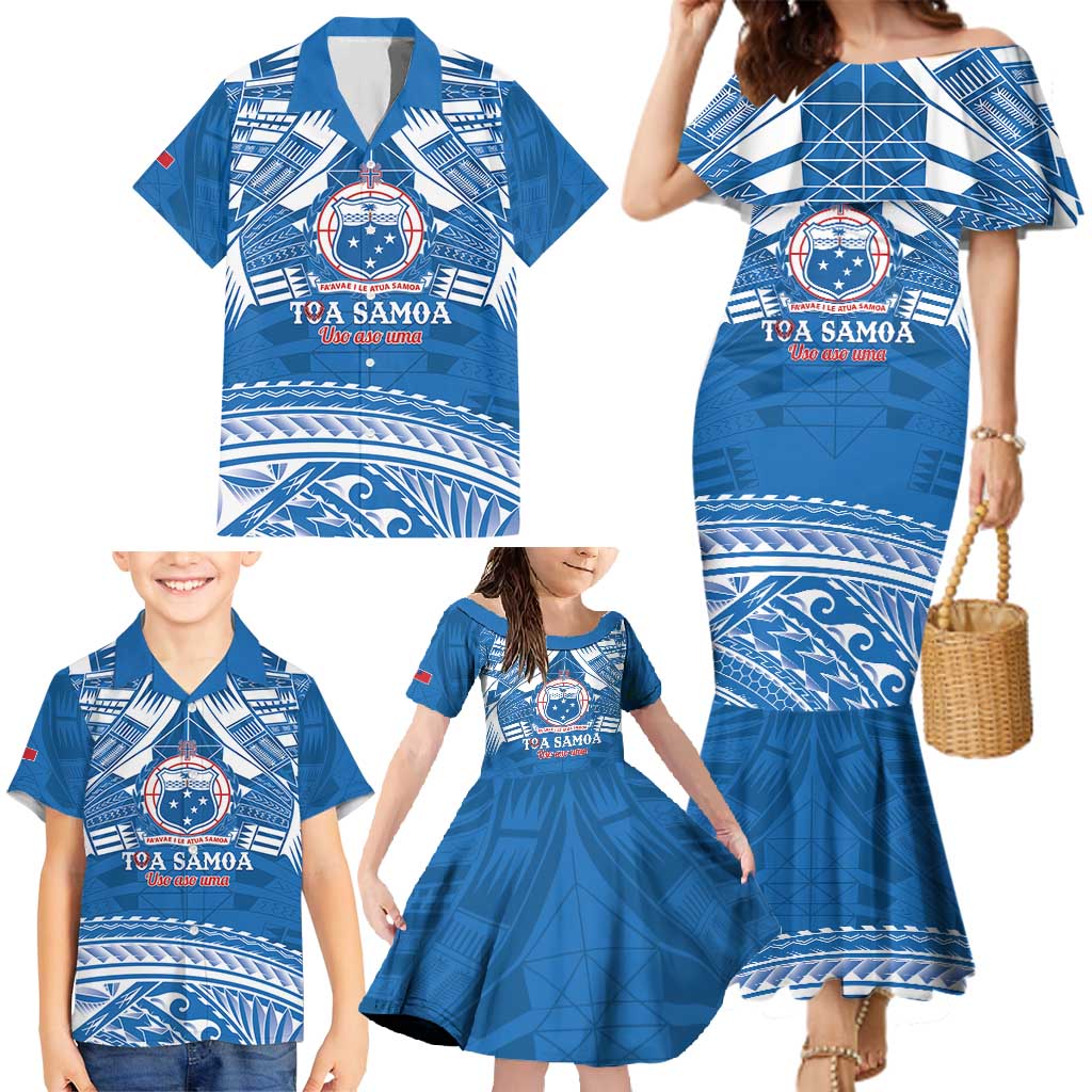 Toa Samoa Rugby Custom Family Matching Mermaid Dress and Hawaiian Shirt Uso aso uma Samoan Pattern Blue LT14 - Polynesian Pride