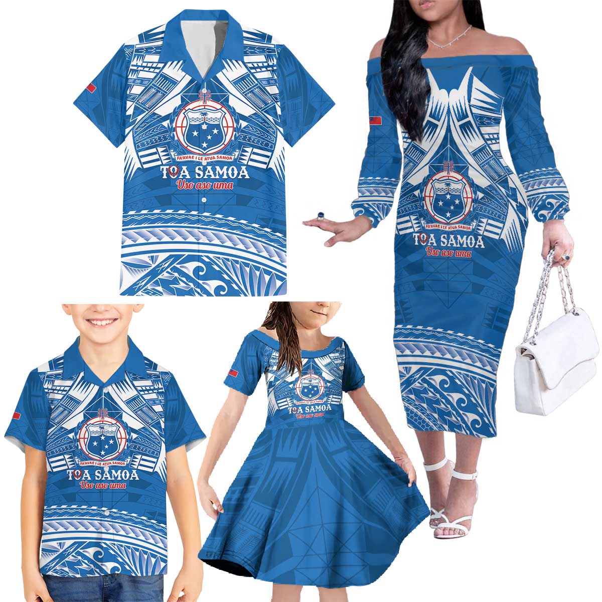 Toa Samoa Rugby Custom Family Matching Off The Shoulder Long Sleeve Dress and Hawaiian Shirt Uso aso uma Samoan Pattern Blue LT14 - Polynesian Pride