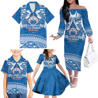 Toa Samoa Rugby Custom Family Matching Off The Shoulder Long Sleeve Dress and Hawaiian Shirt Uso aso uma Samoan Pattern Blue LT14 - Polynesian Pride