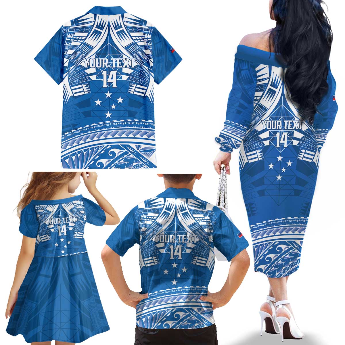 Toa Samoa Rugby Custom Family Matching Off The Shoulder Long Sleeve Dress and Hawaiian Shirt Uso aso uma Samoan Pattern Blue LT14 - Polynesian Pride