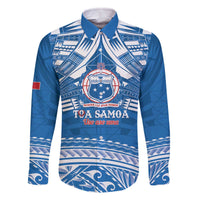 Toa Samoa Rugby Custom Family Matching Off The Shoulder Long Sleeve Dress and Hawaiian Shirt Uso aso uma Samoan Pattern Blue LT14 Dad's Shirt - Long Sleeve Blue - Polynesian Pride