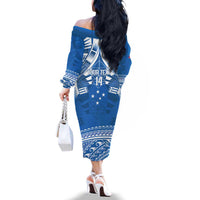 Toa Samoa Rugby Custom Family Matching Off The Shoulder Long Sleeve Dress and Hawaiian Shirt Uso aso uma Samoan Pattern Blue LT14 - Polynesian Pride