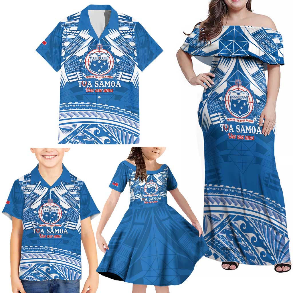 Toa Samoa Rugby Custom Family Matching Off Shoulder Maxi Dress and Hawaiian Shirt Uso aso uma Samoan Pattern Blue LT14 - Polynesian Pride