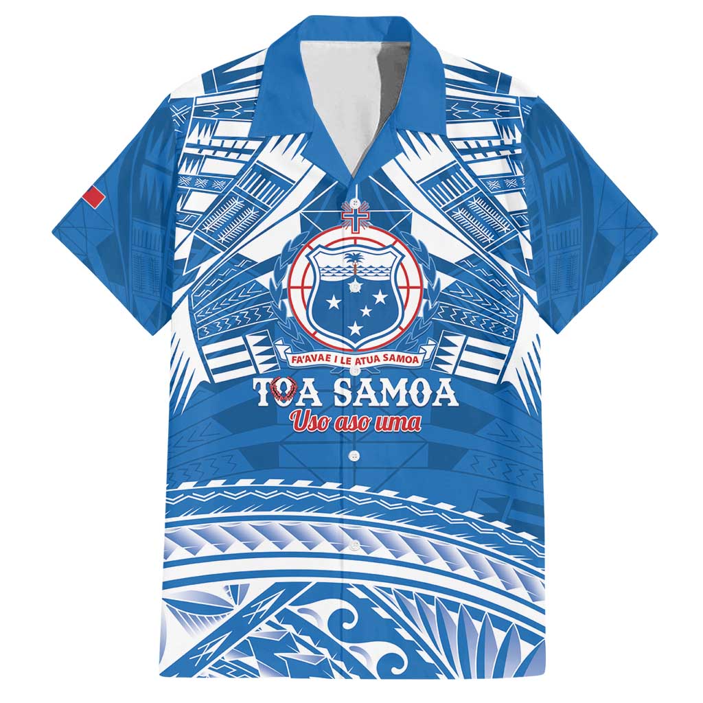 Toa Samoa Rugby Custom Family Matching Off Shoulder Maxi Dress and Hawaiian Shirt Uso aso uma Samoan Pattern Blue LT14 Dad's Shirt - Short Sleeve Blue - Polynesian Pride