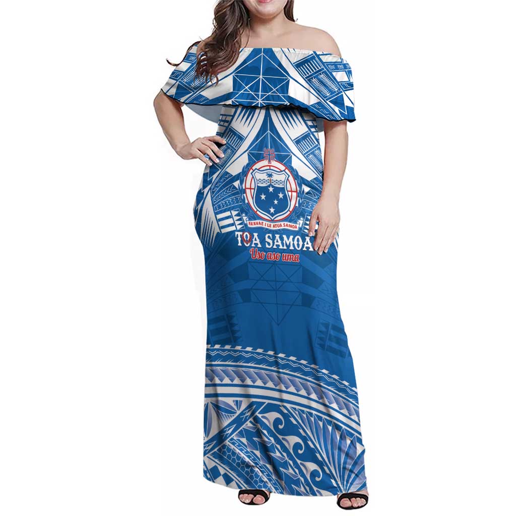 Toa Samoa Rugby Custom Family Matching Off Shoulder Maxi Dress and Hawaiian Shirt Uso aso uma Samoan Pattern Blue LT14 Mom's Dress Blue - Polynesian Pride