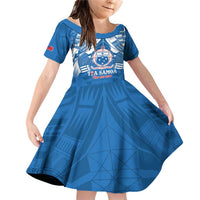 Toa Samoa Rugby Custom Family Matching Off Shoulder Short Dress and Hawaiian Shirt Uso aso uma Samoan Pattern Blue LT14 Daughter's Dress Blue - Polynesian Pride