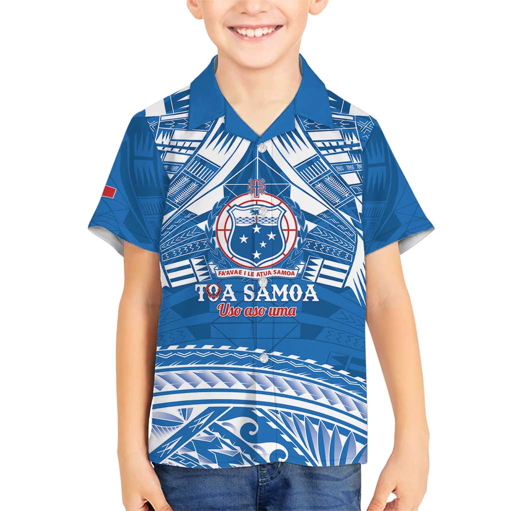 Toa Samoa Rugby Custom Family Matching Off Shoulder Short Dress and Hawaiian Shirt Uso aso uma Samoan Pattern Blue LT14 Son's Shirt Blue - Polynesian Pride