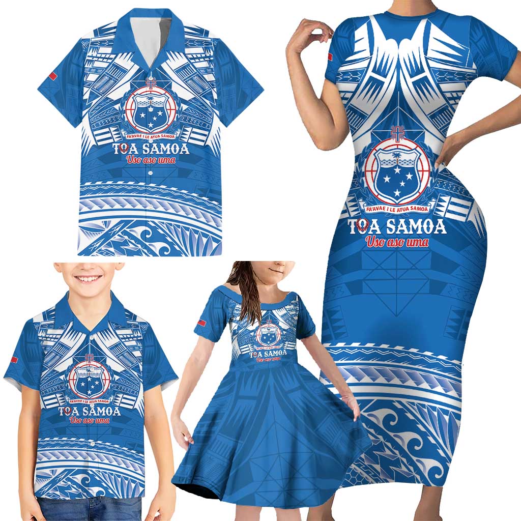 Toa Samoa Rugby Custom Family Matching Short Sleeve Bodycon Dress and Hawaiian Shirt Uso aso uma Samoan Pattern Blue LT14 - Polynesian Pride