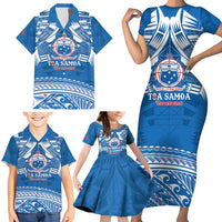 Toa Samoa Rugby Custom Family Matching Short Sleeve Bodycon Dress and Hawaiian Shirt Uso aso uma Samoan Pattern Blue LT14 - Polynesian Pride