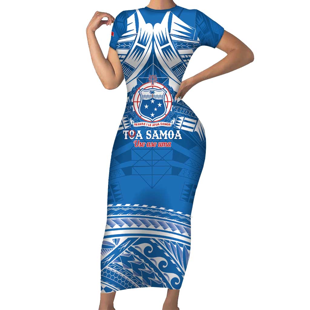 Toa Samoa Rugby Custom Family Matching Short Sleeve Bodycon Dress and Hawaiian Shirt Uso aso uma Samoan Pattern Blue LT14 Mom's Dress Blue - Polynesian Pride