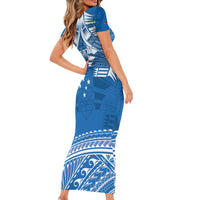 Toa Samoa Rugby Custom Family Matching Short Sleeve Bodycon Dress and Hawaiian Shirt Uso aso uma Samoan Pattern Blue LT14 - Polynesian Pride