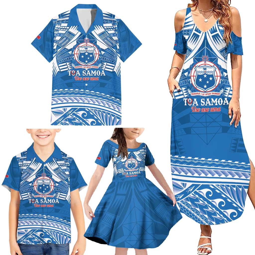 Toa Samoa Rugby Custom Family Matching Summer Maxi Dress and Hawaiian Shirt Uso aso uma Samoan Pattern Blue LT14 - Polynesian Pride