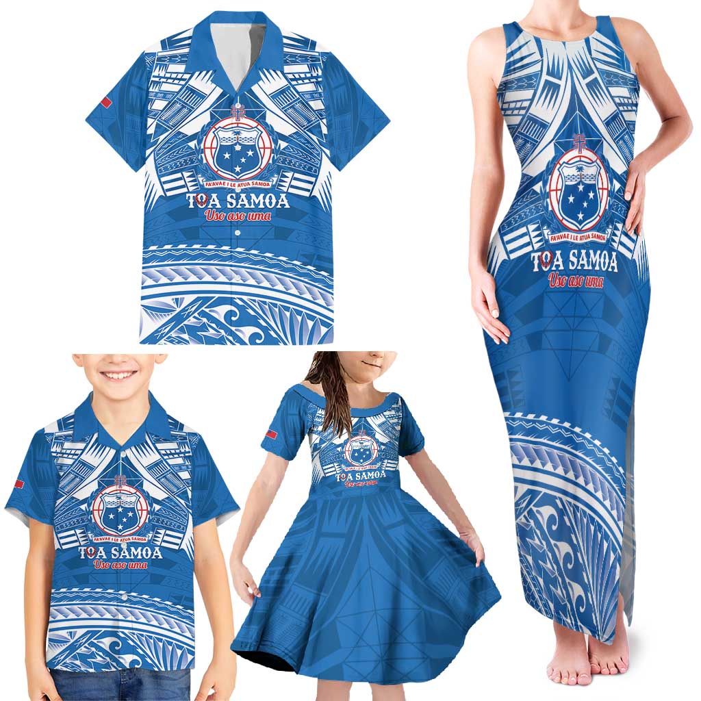Toa Samoa Rugby Custom Family Matching Tank Maxi Dress and Hawaiian Shirt Uso aso uma Samoan Pattern Blue LT14 - Polynesian Pride