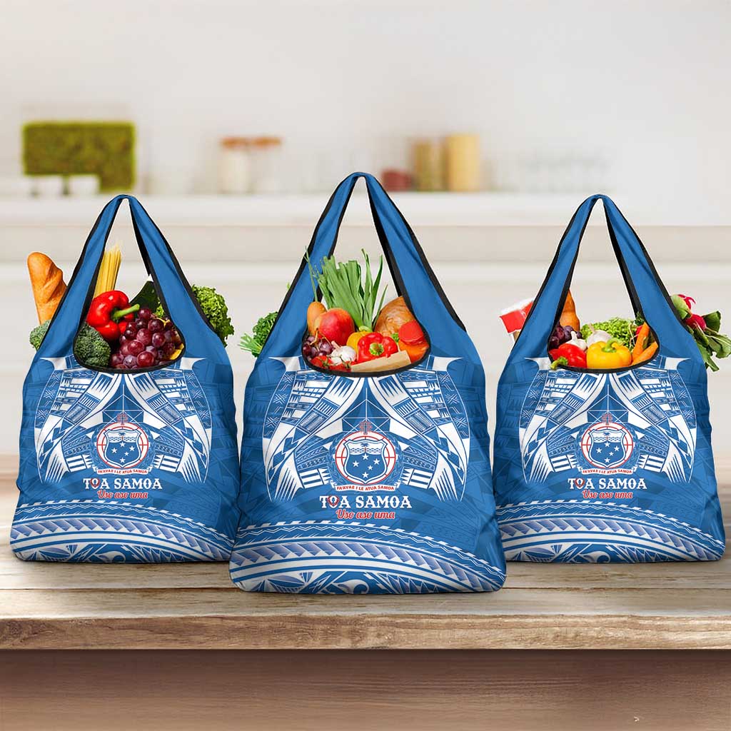 Toa Samoa Rugby Custom Grocery Bag Uso aso uma Samoan Pattern Blue - Polynesian Pride