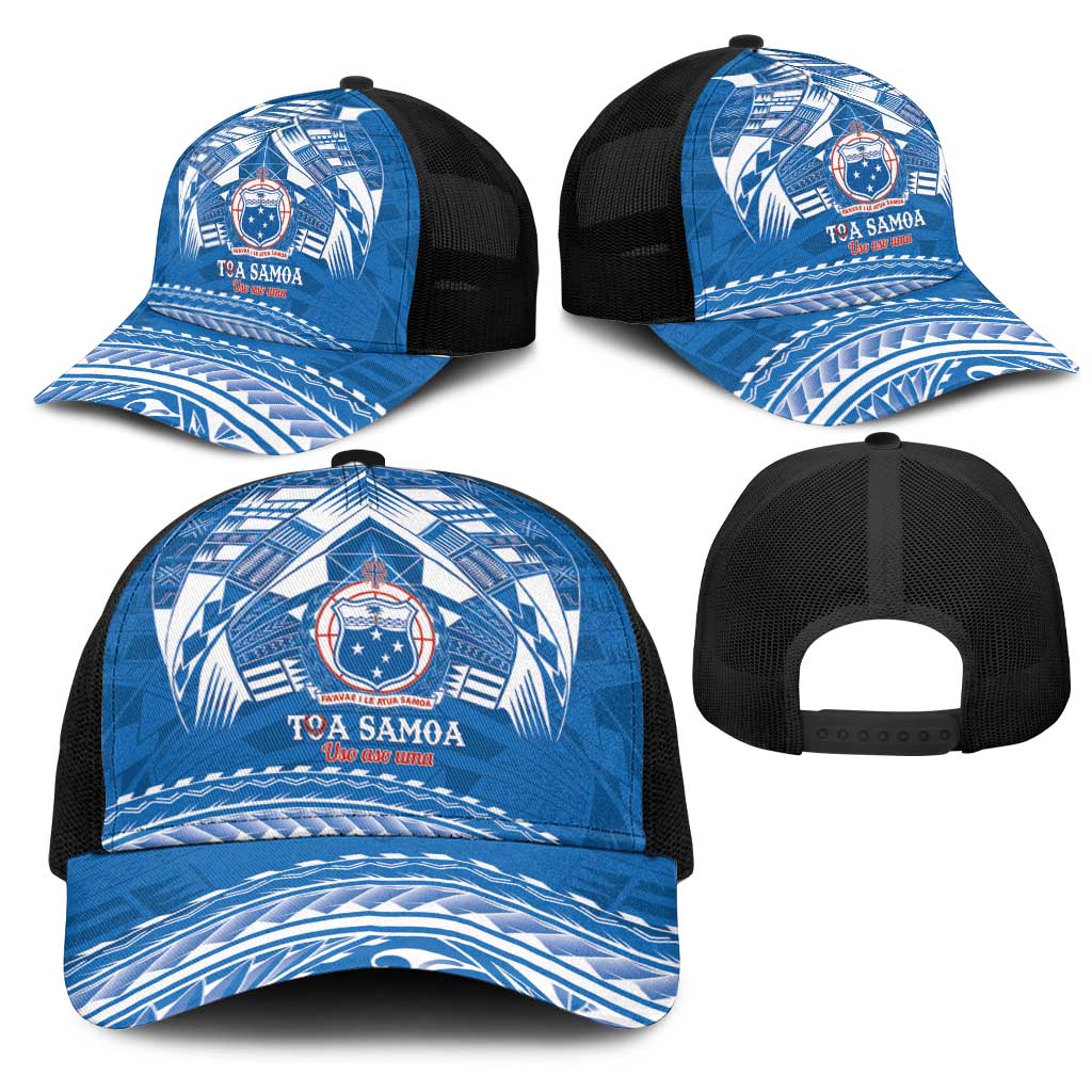 Toa Samoa Rugby Mesh Trucker Cap Uso aso uma Samoan Pattern Blue - Polynesian Pride