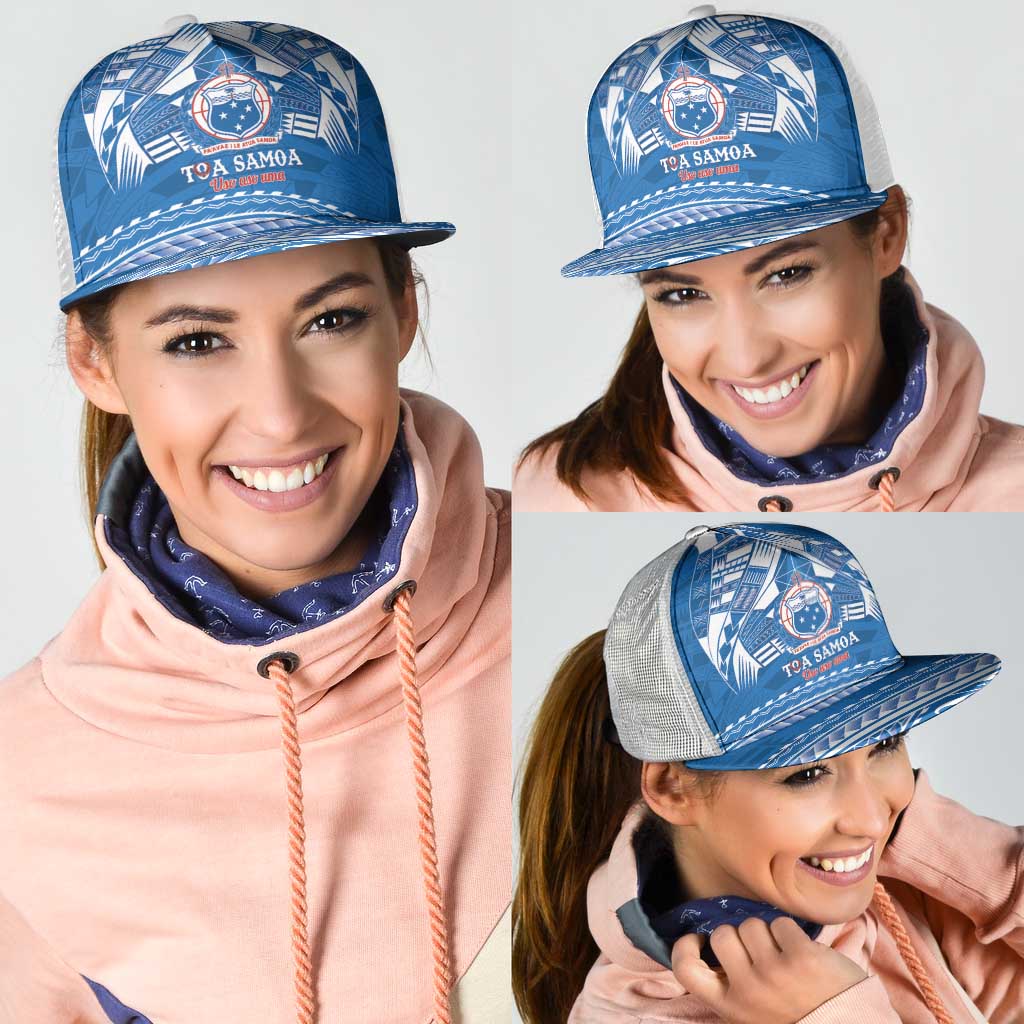 Toa Samoa Rugby Mesh Trucker Cap Uso aso uma Samoan Pattern Blue - Polynesian Pride
