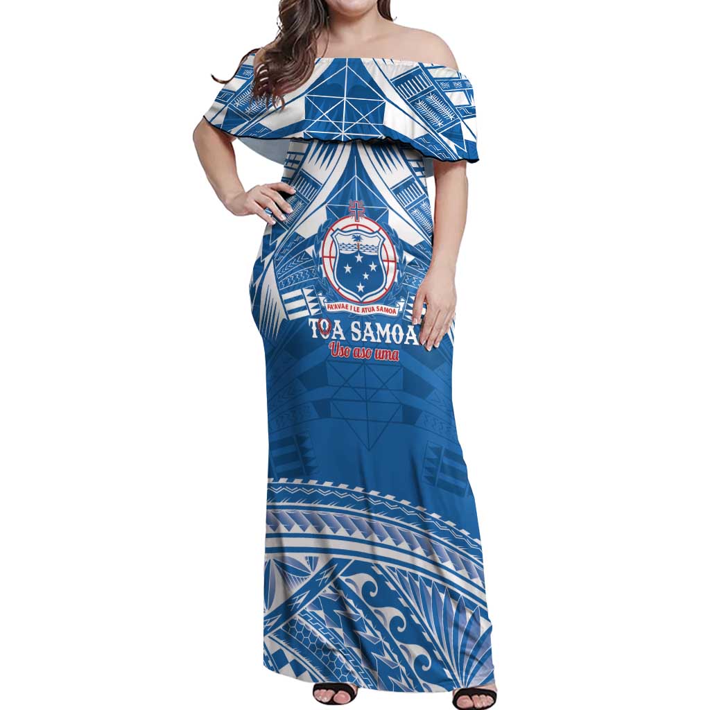 Toa Samoa Rugby Custom Off Shoulder Maxi Dress Uso aso uma Samoan Pattern Blue LT14 Women Blue - Polynesian Pride