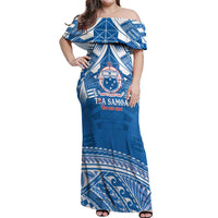 Toa Samoa Rugby Custom Off Shoulder Maxi Dress Uso aso uma Samoan Pattern Blue LT14 Women Blue - Polynesian Pride