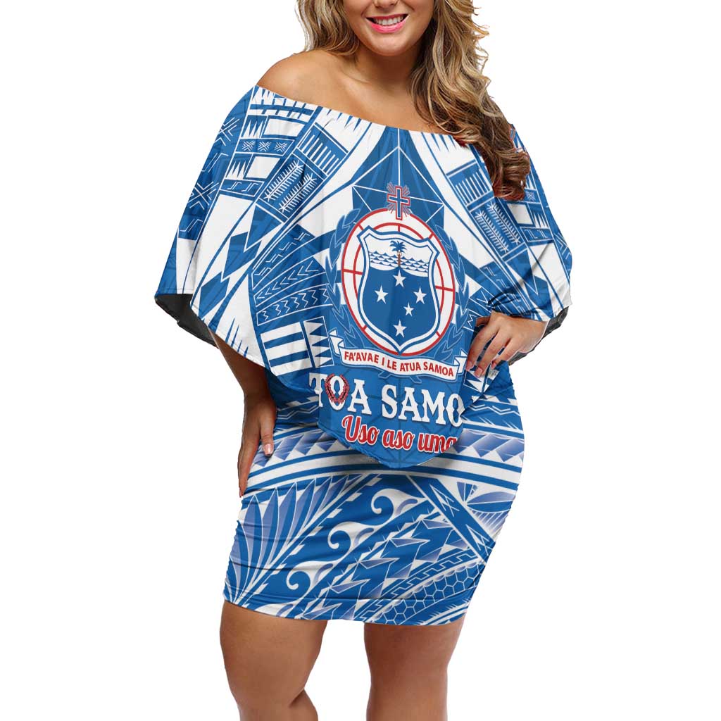 Toa Samoa Rugby Custom Off Shoulder Short Dress Uso aso uma Samoan Pattern Blue LT14 Women Blue - Polynesian Pride