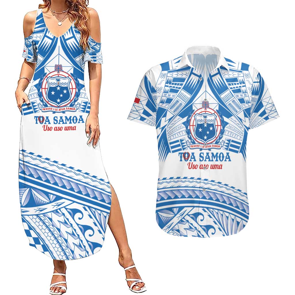 Toa Samoa Rugby Custom Couples Matching Summer Maxi Dress and Hawaiian Shirt Uso aso uma Samoan Pattern White - Polynesian Pride