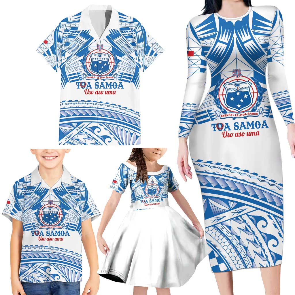 Toa Samoa Rugby Custom Family Matching Long Sleeve Bodycon Dress and Hawaiian Shirt Uso aso uma Samoan Pattern White LT14 - Polynesian Pride