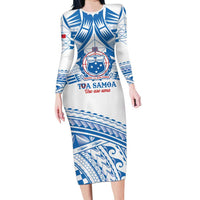 Toa Samoa Rugby Custom Family Matching Long Sleeve Bodycon Dress and Hawaiian Shirt Uso aso uma Samoan Pattern White LT14 Mom's Dress White - Polynesian Pride