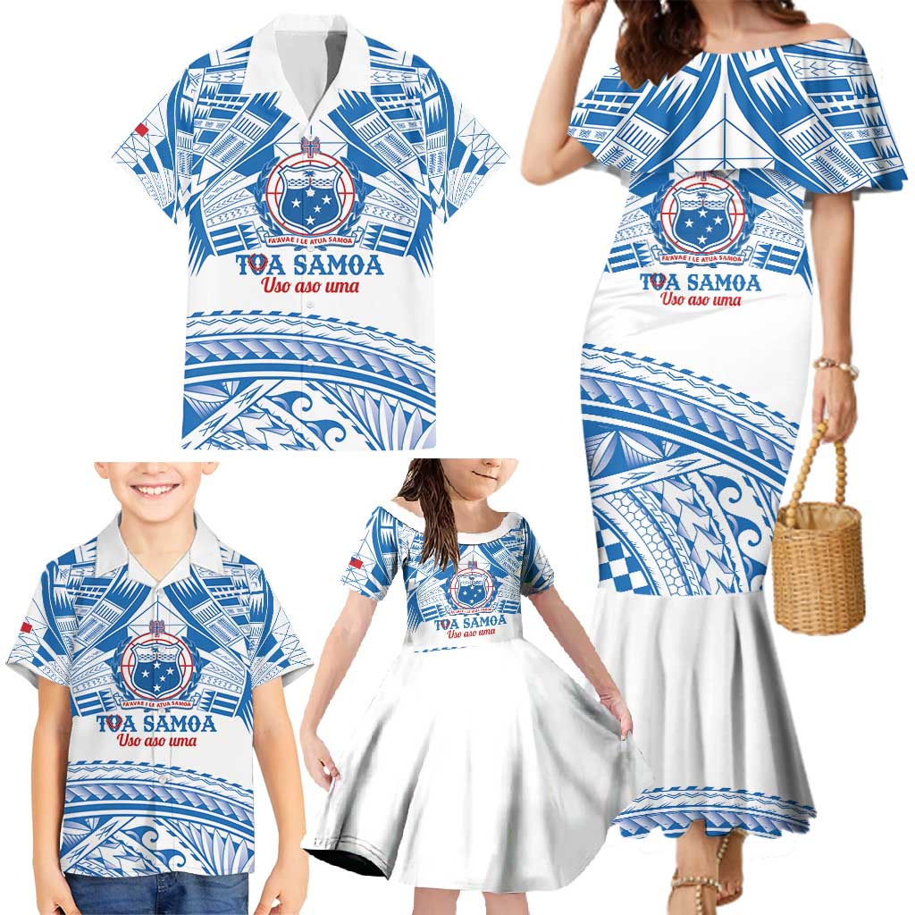 Toa Samoa Rugby Custom Family Matching Mermaid Dress and Hawaiian Shirt Uso aso uma Samoan Pattern White - Polynesian Pride