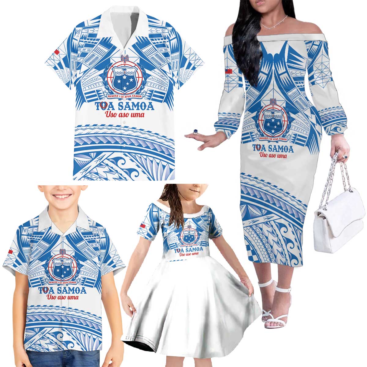 Toa Samoa Rugby Custom Family Matching Off The Shoulder Long Sleeve Dress and Hawaiian Shirt Uso aso uma Samoan Pattern White LT14 - Polynesian Pride