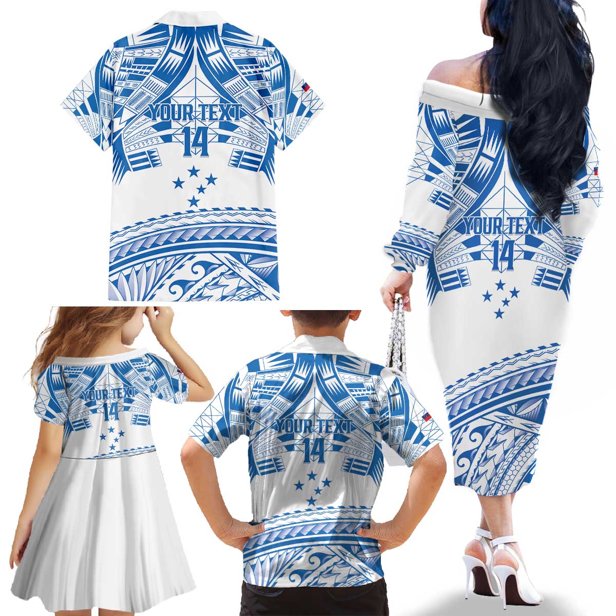 Toa Samoa Rugby Custom Family Matching Off The Shoulder Long Sleeve Dress and Hawaiian Shirt Uso aso uma Samoan Pattern White LT14 - Polynesian Pride