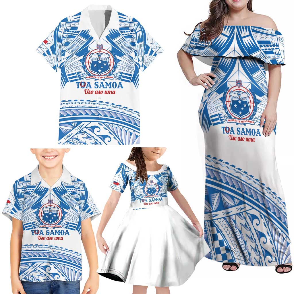 Toa Samoa Rugby Custom Family Matching Off Shoulder Maxi Dress and Hawaiian Shirt Uso aso uma Samoan Pattern White LT14 - Polynesian Pride