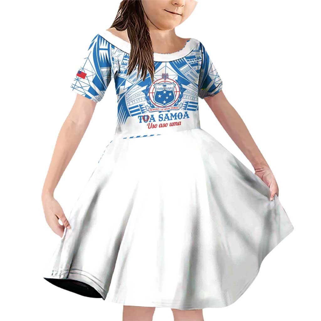 Toa Samoa Rugby Custom Family Matching Off Shoulder Short Dress and Hawaiian Shirt Uso aso uma Samoan Pattern White LT14 Daughter's Dress White - Polynesian Pride