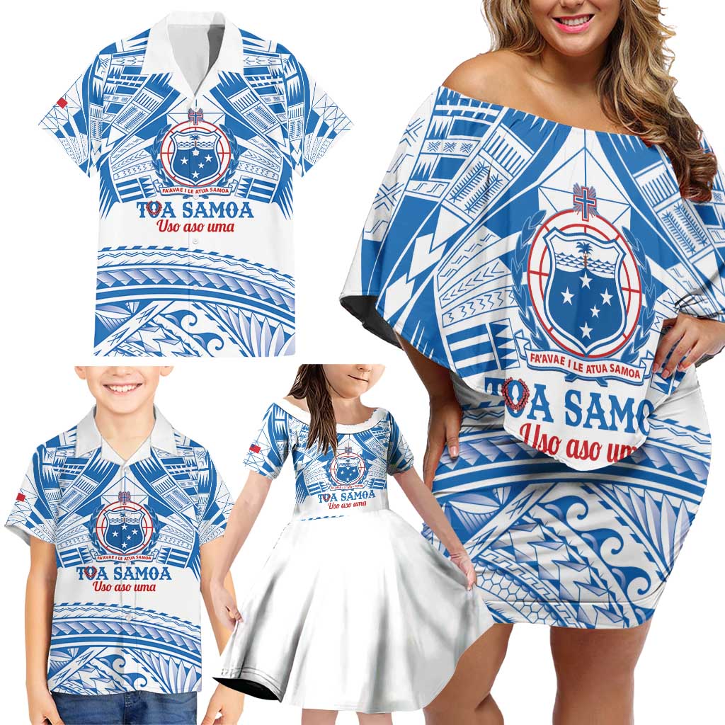 Toa Samoa Rugby Custom Family Matching Off Shoulder Short Dress and Hawaiian Shirt Uso aso uma Samoan Pattern White LT14 - Polynesian Pride