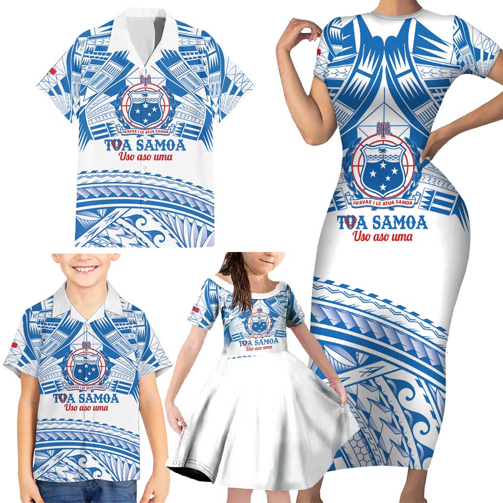 Toa Samoa Rugby Custom Family Matching Short Sleeve Bodycon Dress and Hawaiian Shirt Uso aso uma Samoan Pattern White LT14 - Polynesian Pride