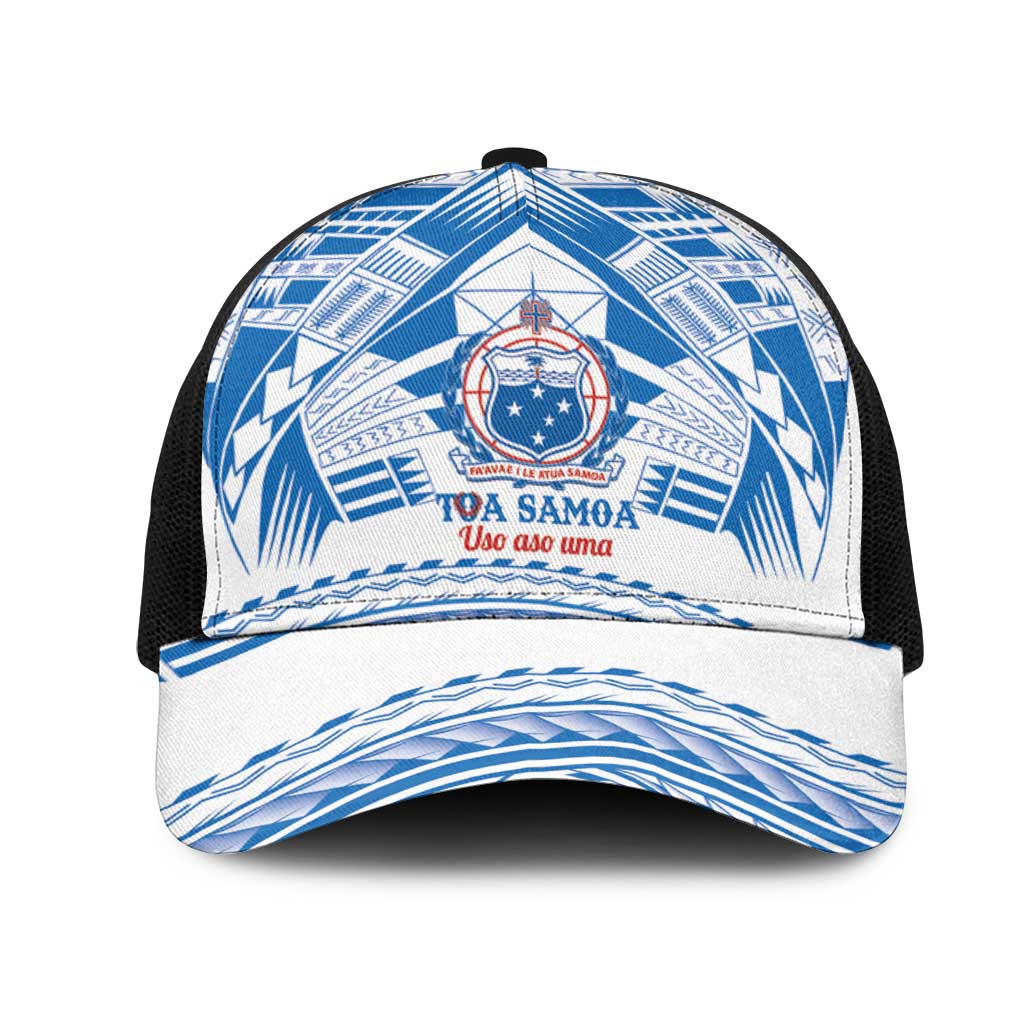 Toa Samoa Rugby Mesh Trucker Cap Uso aso uma Samoan Pattern White - Polynesian Pride