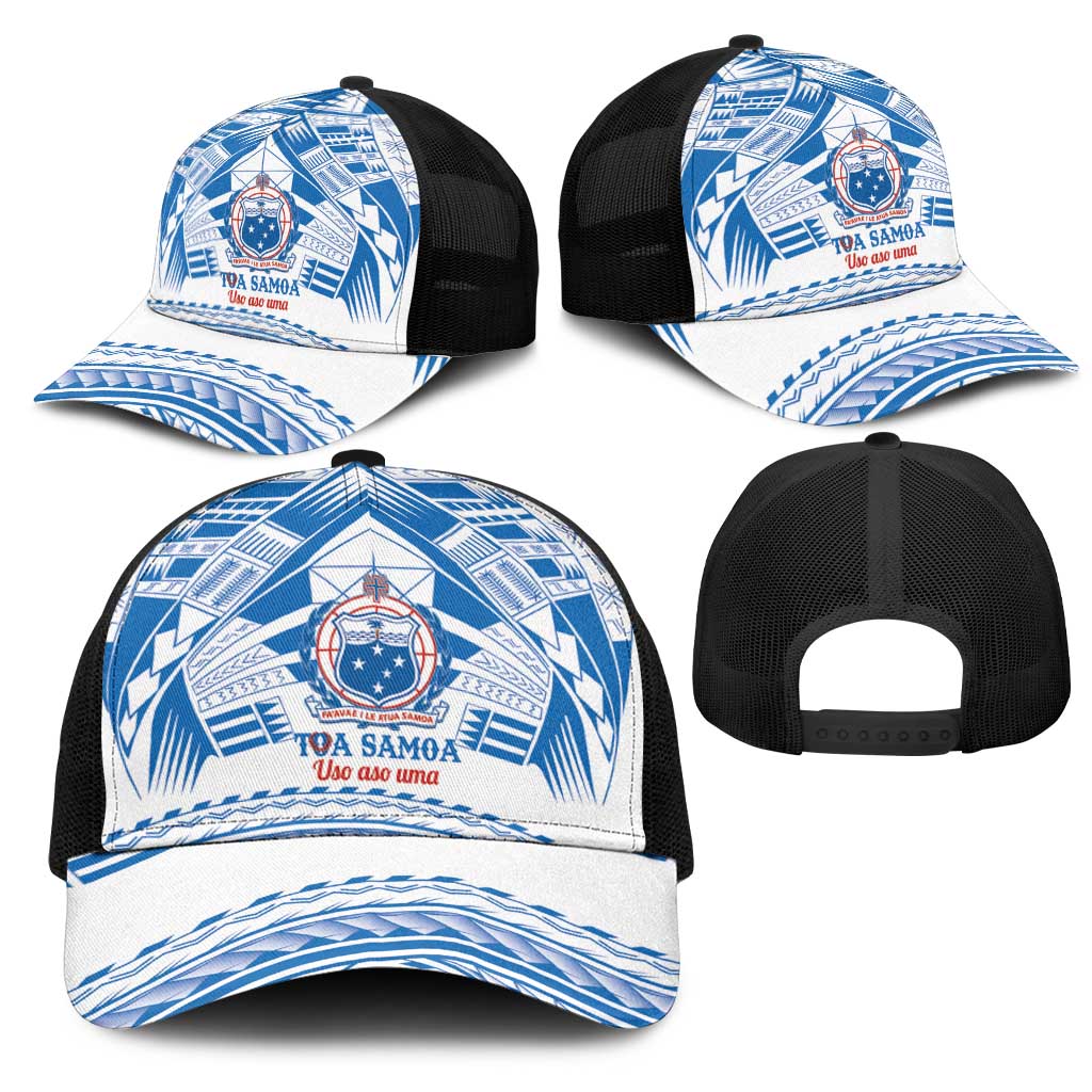Toa Samoa Rugby Mesh Trucker Cap Uso aso uma Samoan Pattern White - Polynesian Pride